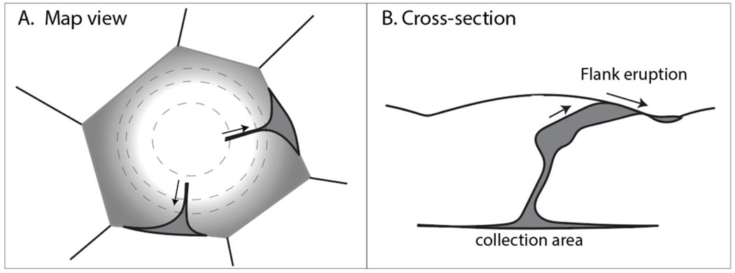 Schematic illustrating basal melt rising from collection area at depth toward the surface of SP. 