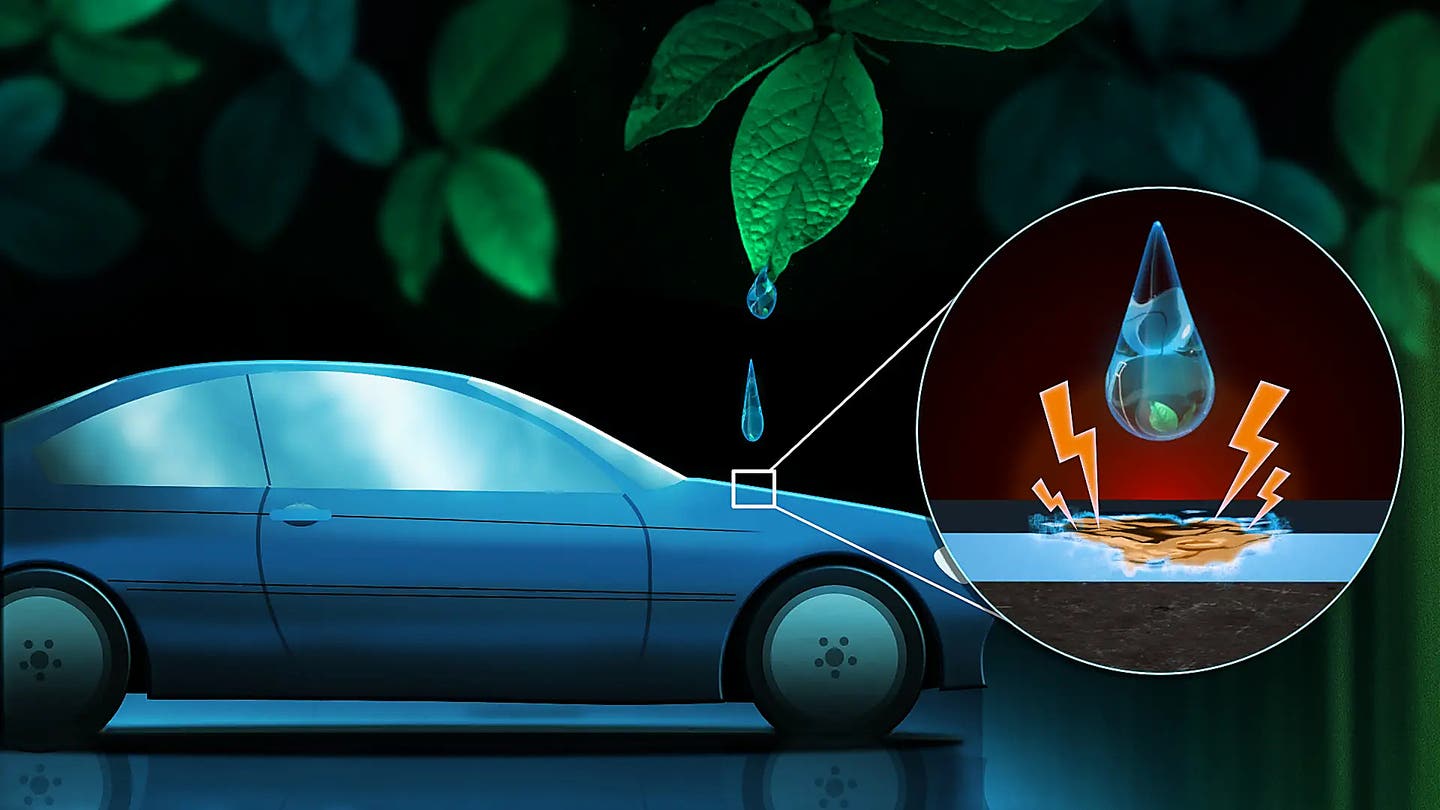 Drops can become electrically charged as they slide across surfaces. If they then fall onto a coating—such as on a car—the coating can be corroded by the drop’s electrical discharge and permanently damaged.