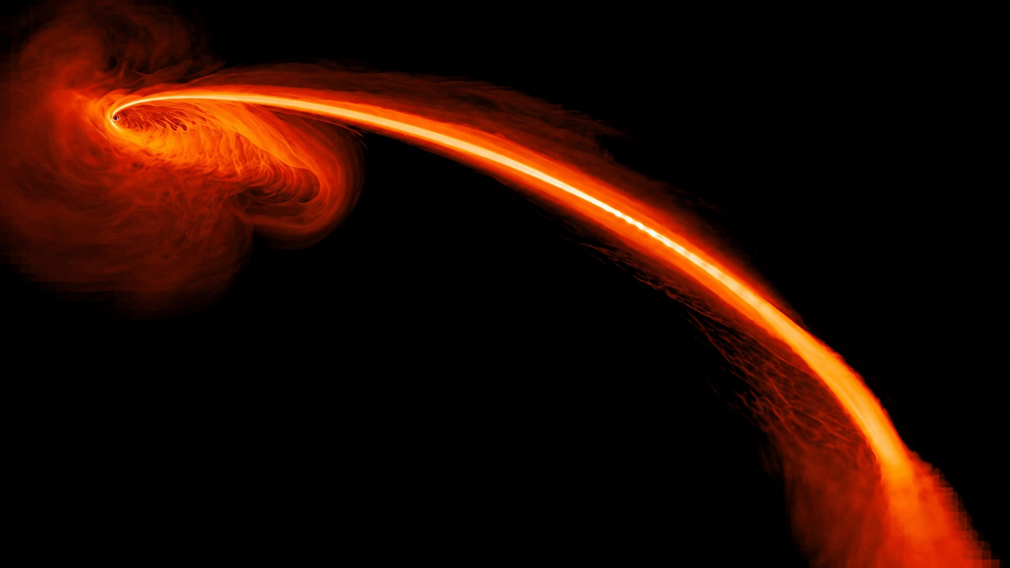 This computer-simulated image shows gas from a tidally shredded star falling into a black hole. Astronomers observed the flare in ultraviolet light using NASA's Galaxy Evolution Explorer.