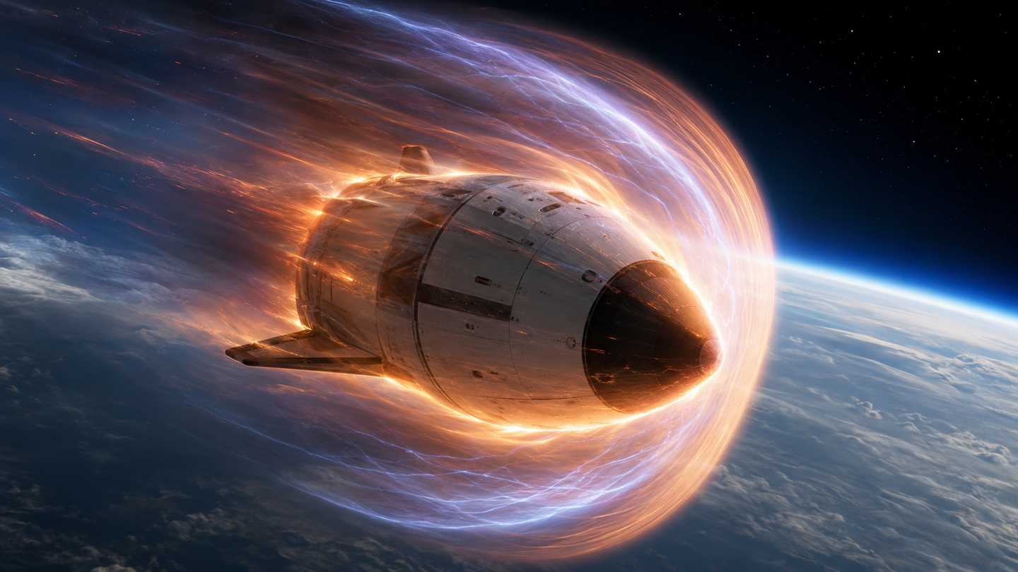 A powerful pulsed magnet expands the shock layer around spacecraft models, advancing a possible new approach to surviving reentry heat.