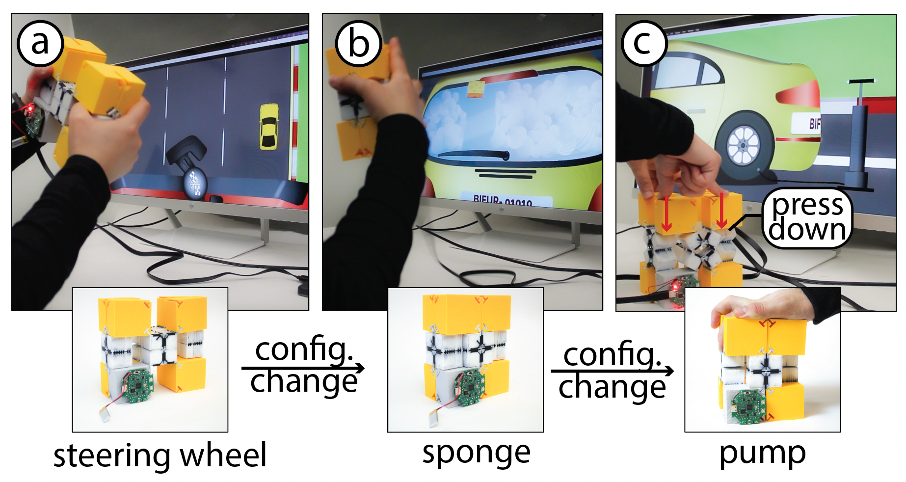 Four Bifur-circuit configurations act as a shape-changing game controller, each triggering a different game.