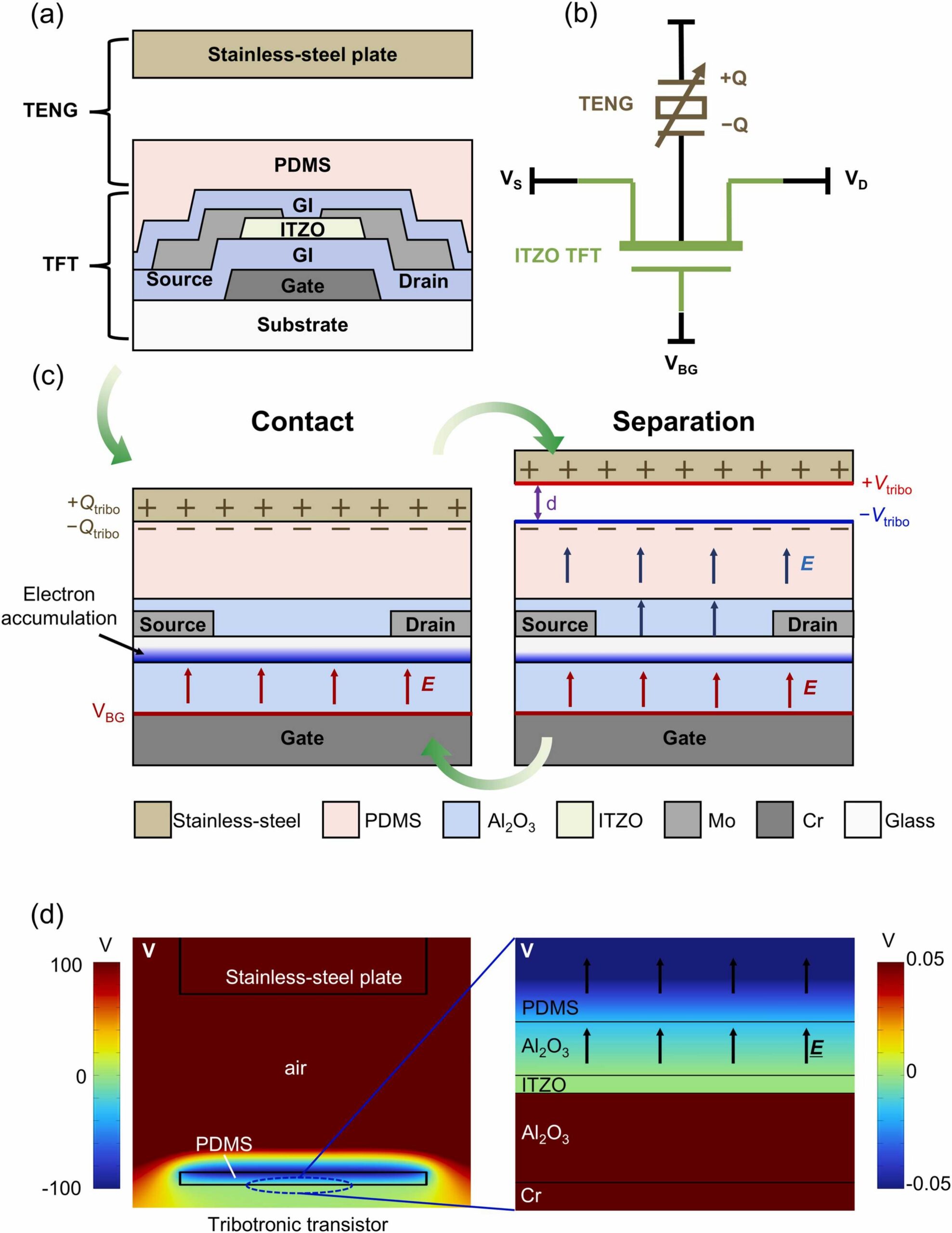 Structure and operation of the dual-gate tribotronic transistor.