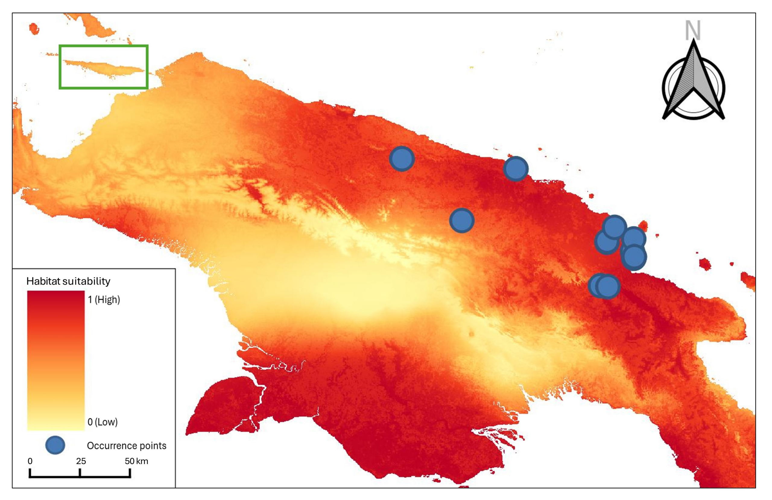 Distribution of Lielaphis slashi sp. nov. predicted by MaxEnt with Yapen island highlighted in the green box. Blue dots are occurrence points used to construct the ecological niche models.