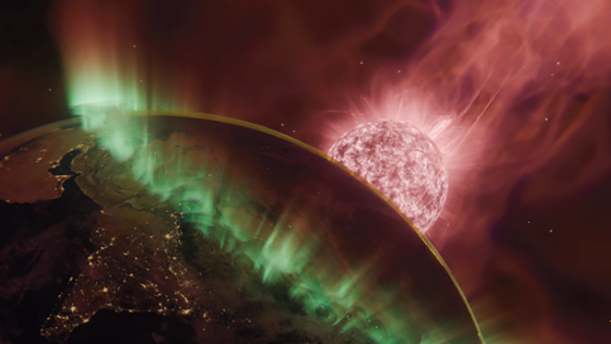 Illustration of solar wind streaming from a fuming Sun drives auroras bright enough to be seen far from the poles, a dazzling signature of an extreme geomagnetic storm