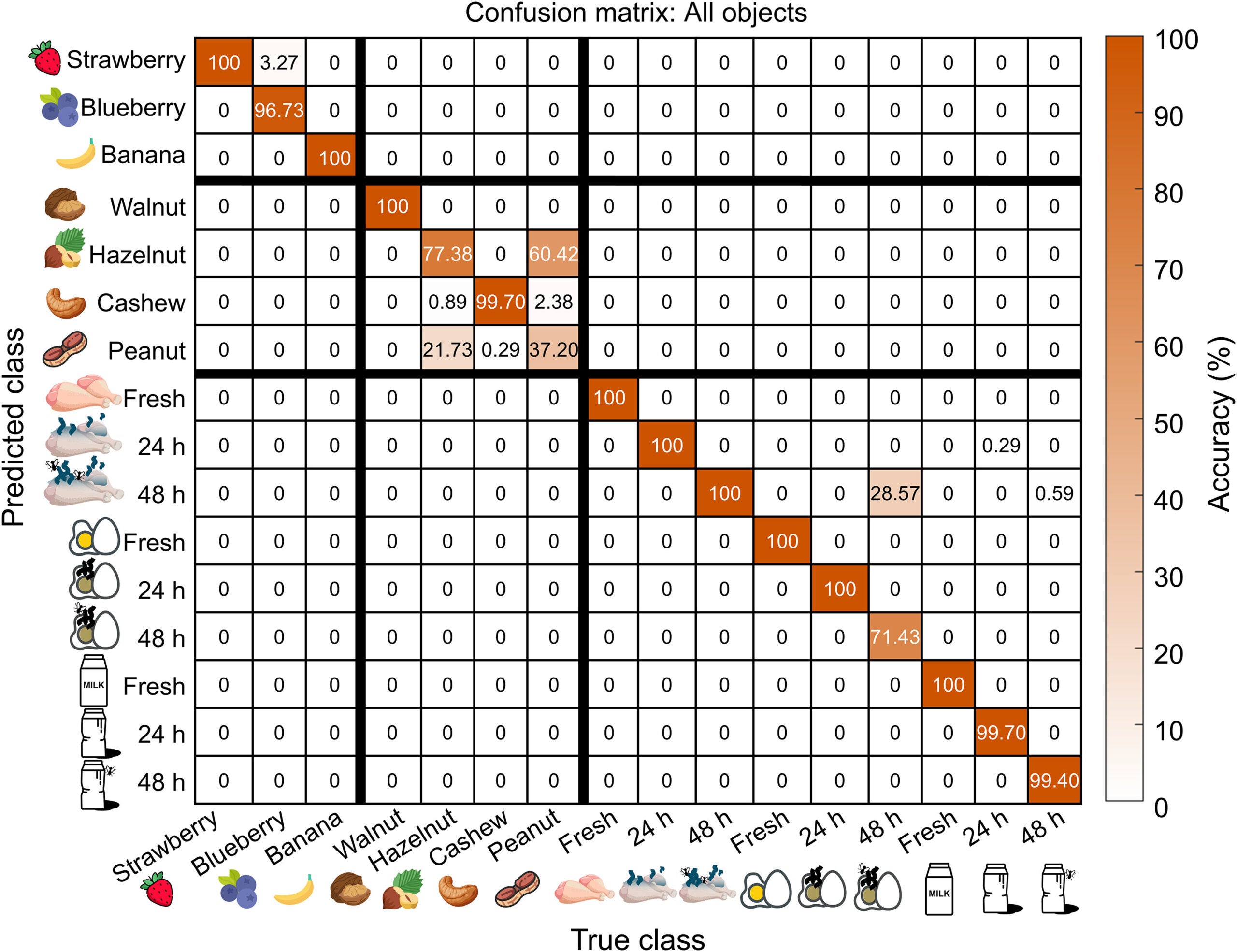 Confusion matrix results from CNN model trained on all food spoilage products, nuts, and fruit.