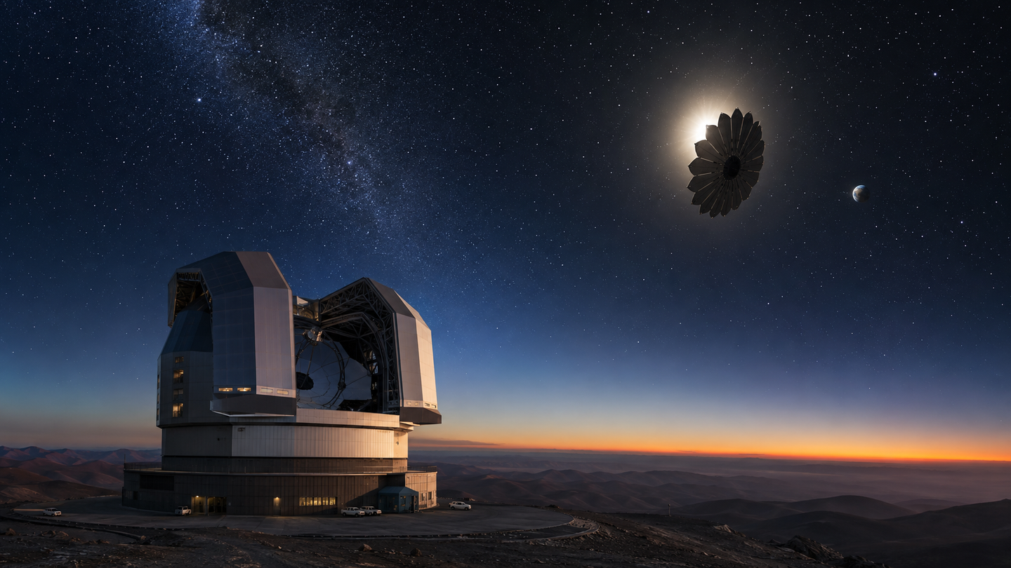NASA’s HOEE concept pairs a giant orbiting starshade with ground telescopes to directly image nearby Earth-like exoplanets.
