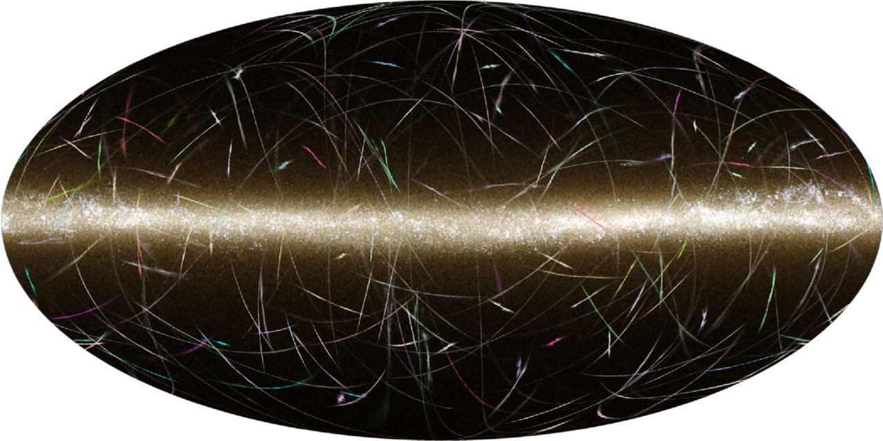A random subset of 250 simulated GC streams (colored) shown in galactocentric Mollweide projection for the m12i halo at present day.