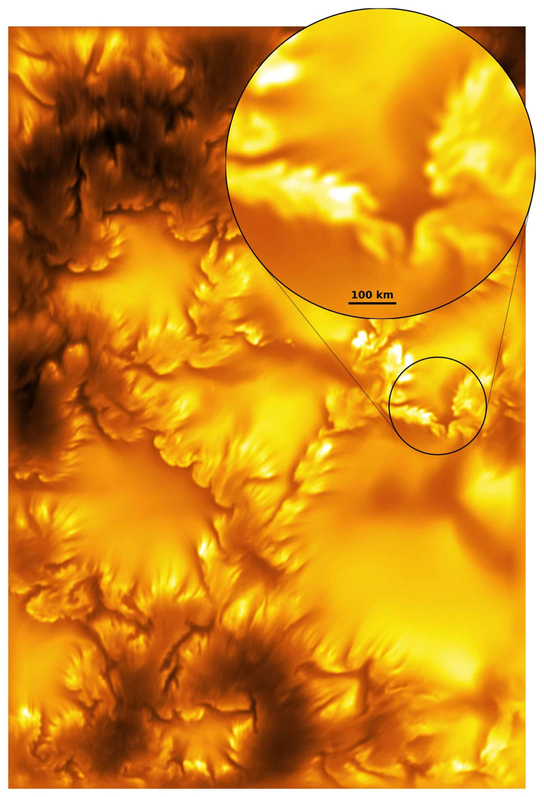 A close-up view from the Inouye Solar Telescope image highlighting a region of the solar photosphere. The enlarged inset reveals the fine-scale magnetic structures and dark striations associated with the Kelvin-Helmholtz instability at a scale of tens of kilometers. 