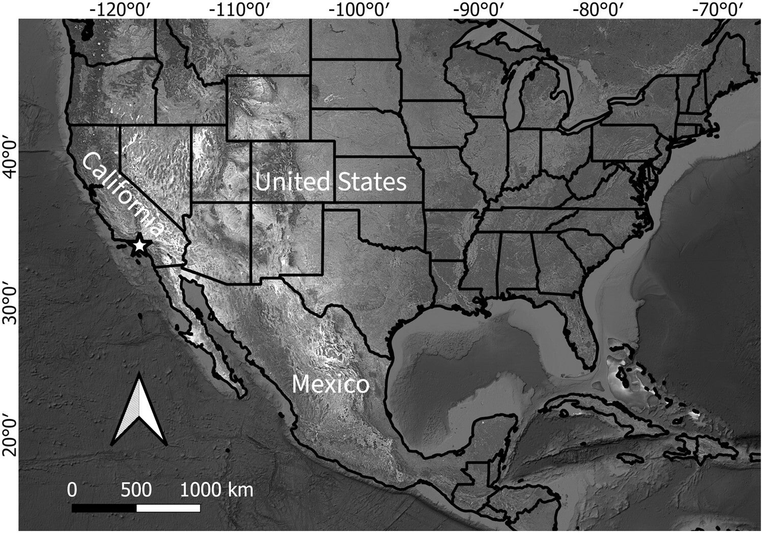 Location of Rancho La Brea (star symbol) in southern California, U.S.A.
