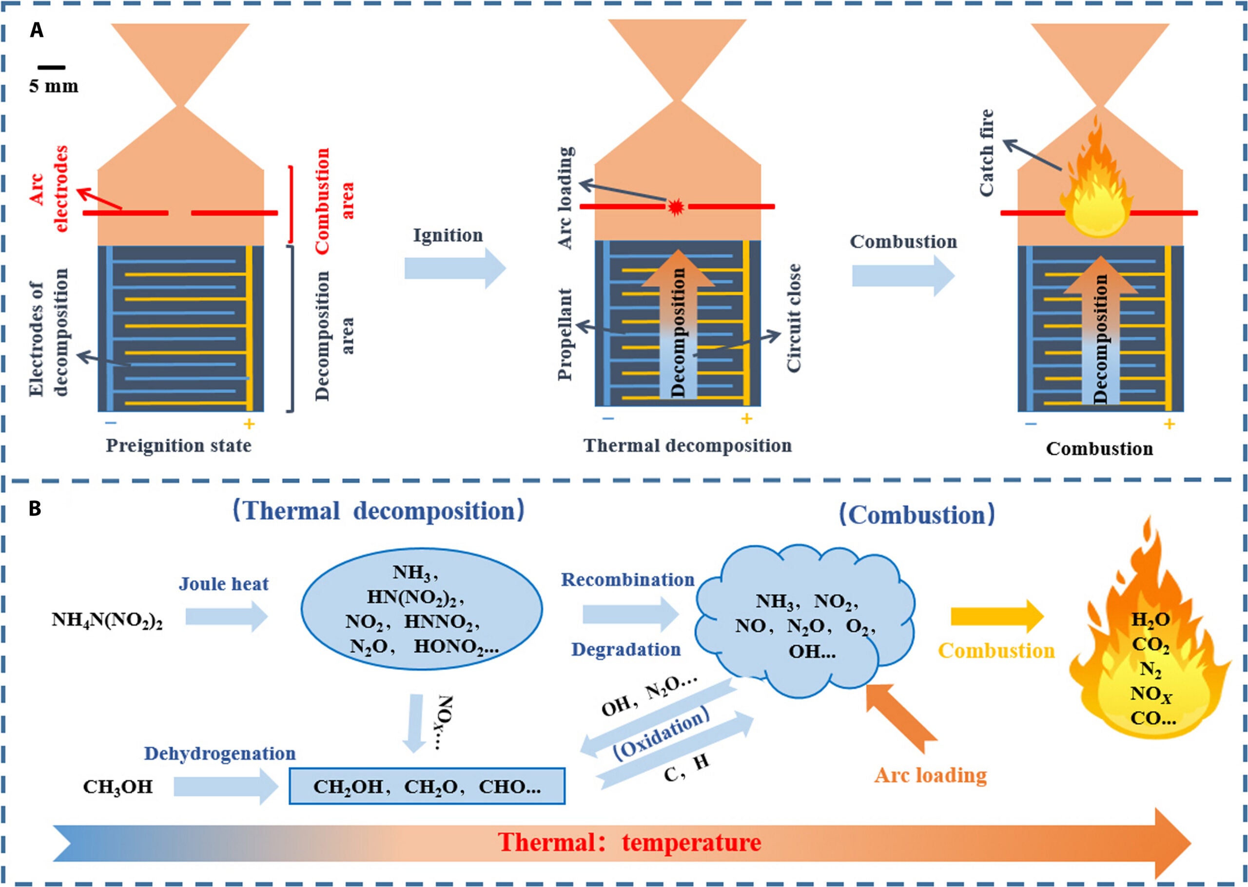 (A) The hot-fire test diagram of the thruster and (B) the thermal decomposition and combustion processes of the ammonium dinitramide (ADN)-based propellant within the thruster.