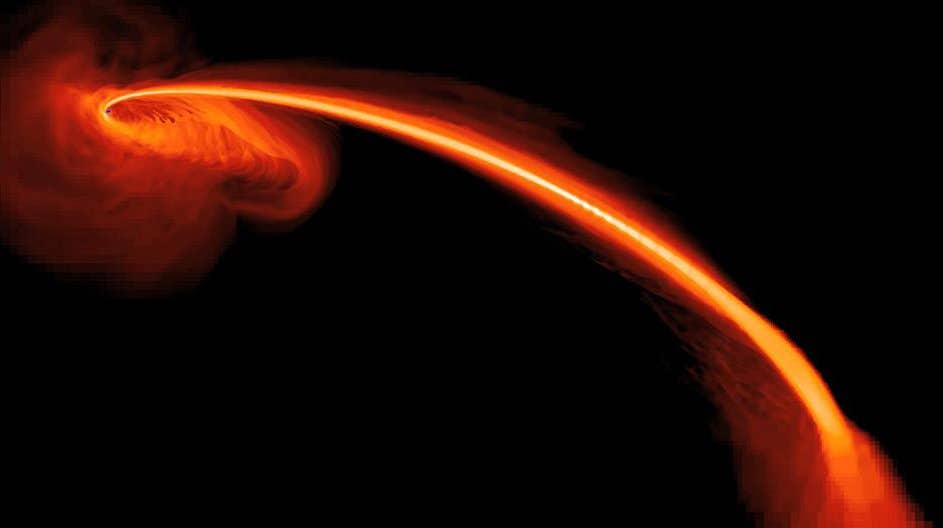 This computer-simulated image shows gas from a tidally shredded star falling into a black hole. Astronomers observed the flare in ultraviolet light using NASA's Galaxy Evolution Explorer.