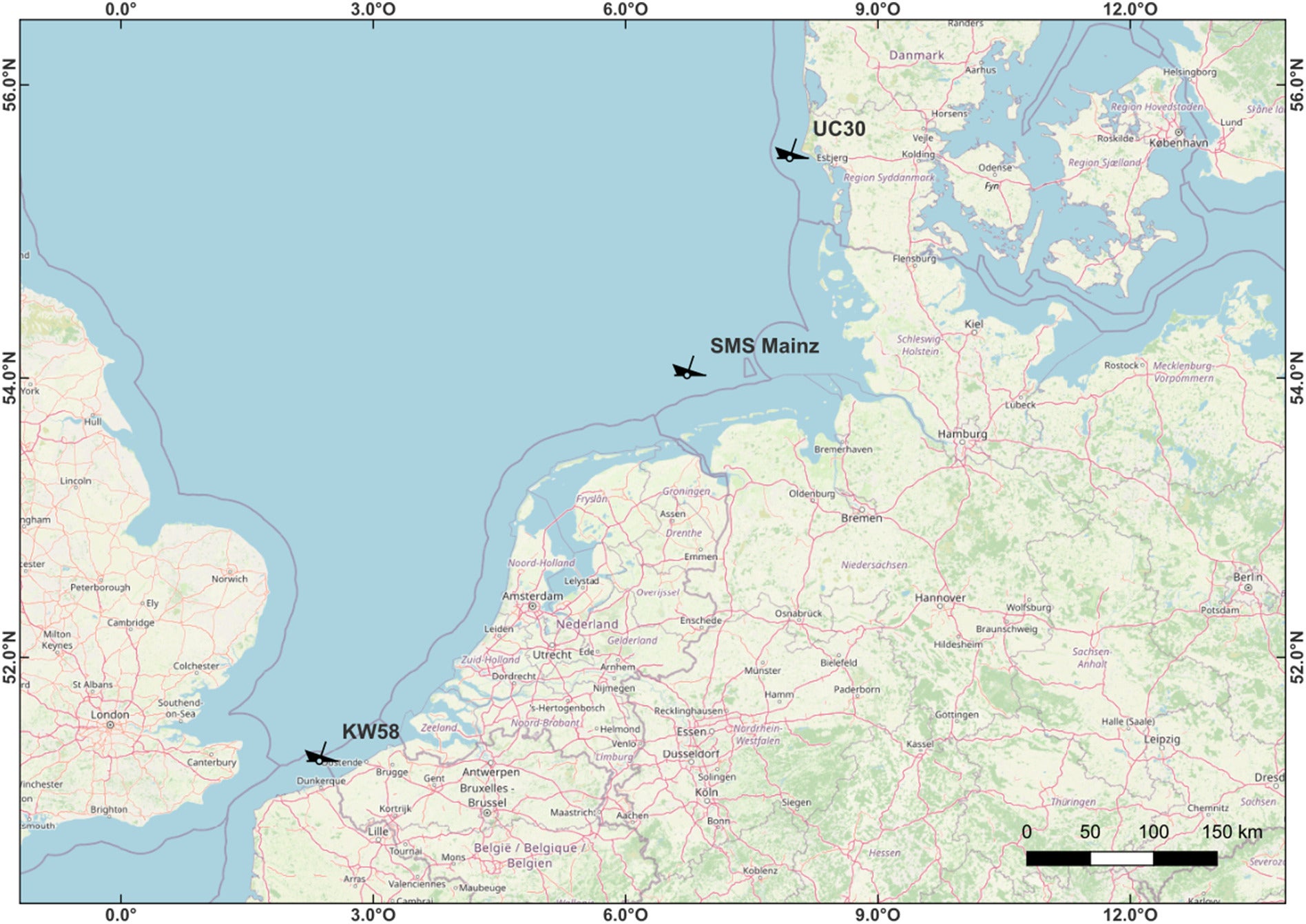 Map of the North Sea indicating the locations of the investigated ship wreck sites (ship symbols).