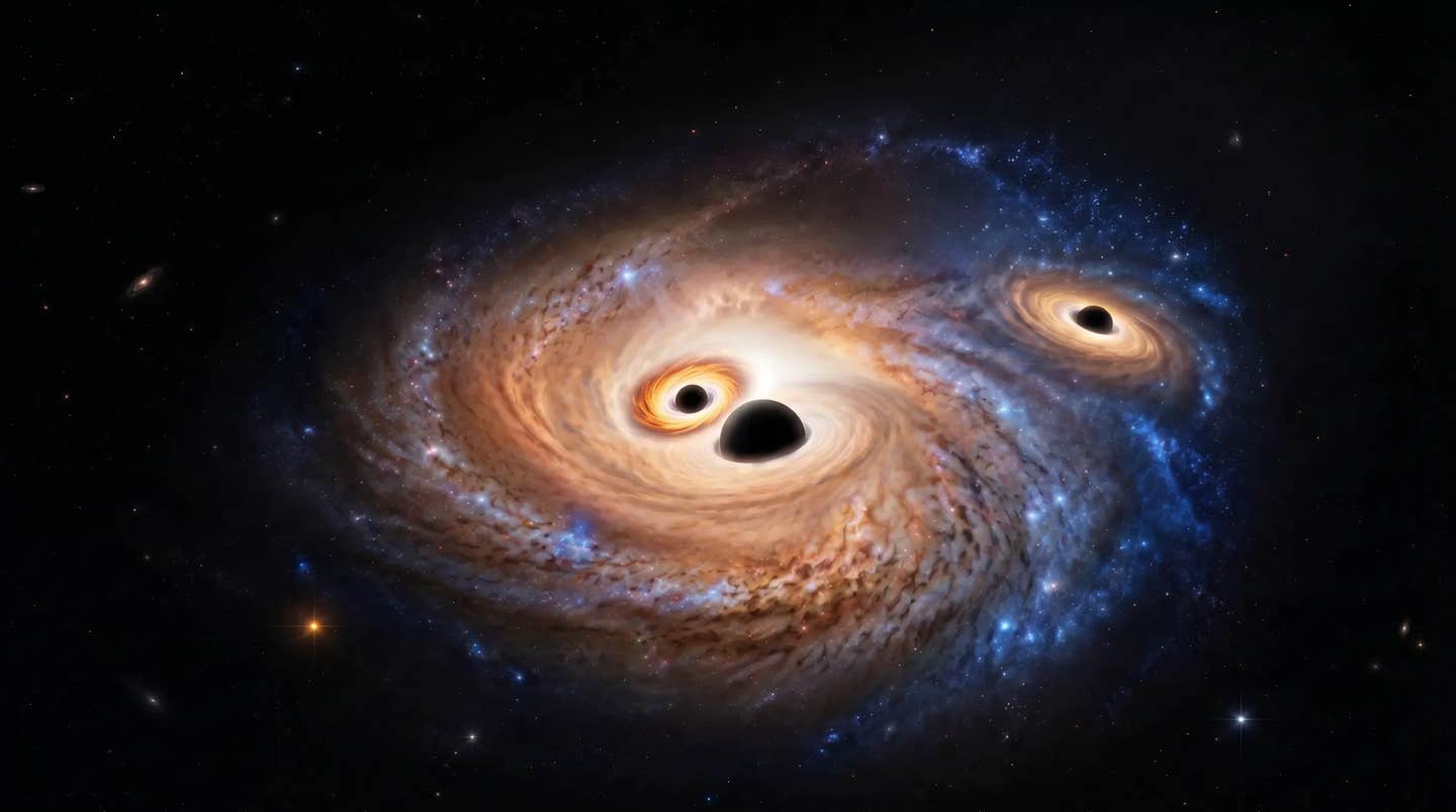 An AI-generated visualisation of a distant galaxy, containing besides dust, gas and young stars three massive, active black holes (black spheres, not to scale) with bright accretion disks. Other distant galaxies are shown in the background, and few stars in the foreground.