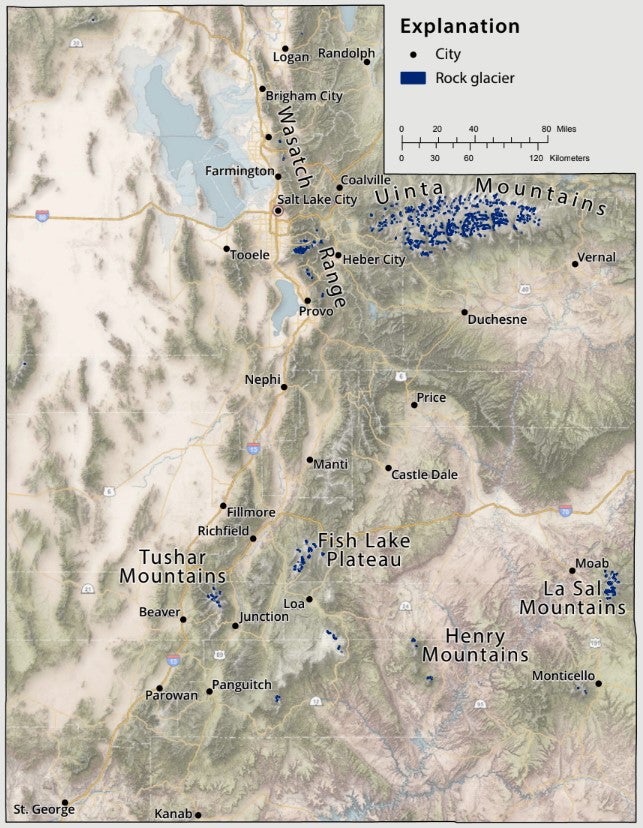 Locations of Utah’s 836 known rock glaciers appear in blue.