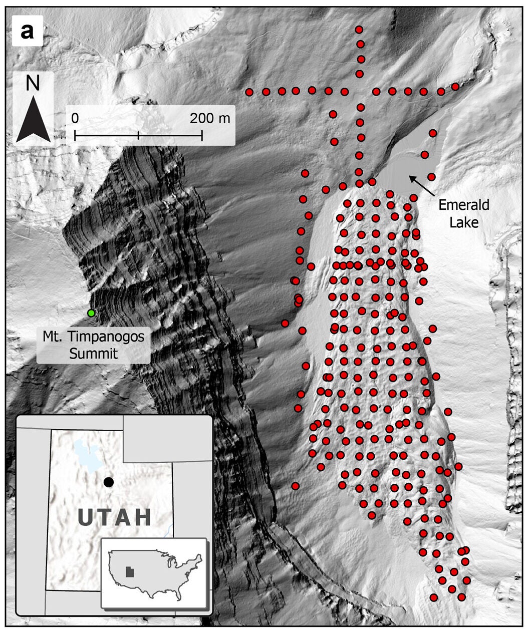 Map and image of the modern Timpanogos Rock Glacier (a) Map of the study site with a LiDAR hillshade created using data from the Utah Geospatial Resource Center (UGRC (raster.utah.gov)). Red dots indicate gravity measurement locations, and blue triangles indicate repeat RTK GNSS measurement locations. The black dot in the inset shows the location of the site in the state of Utah, USA.
