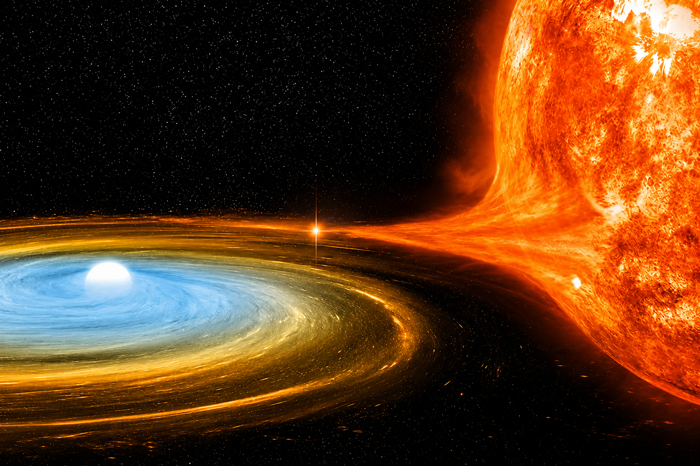 Scientists including UWM Professor David Kaplan have determined the identity of a long-period radio transient to be a white dwarf accreting material from its neighboring star, as illustrated in the graphic above.