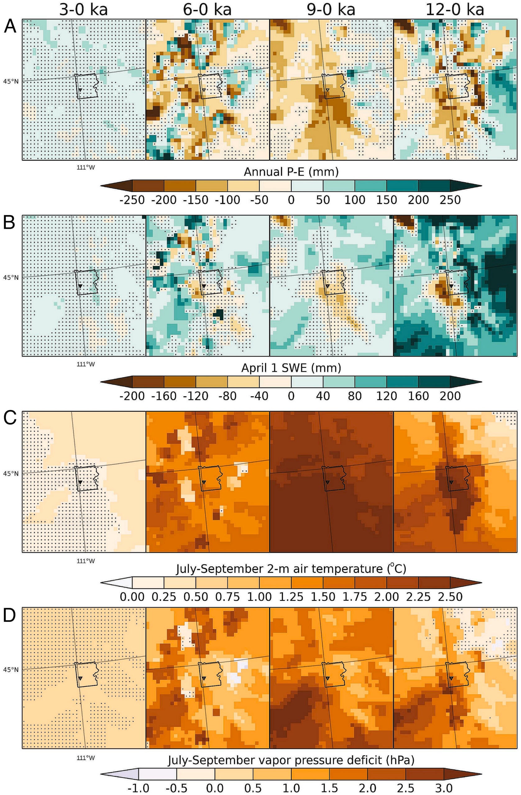 Maps showing simulated Holocene climate anomalies for the Yellowstone region on the 15-km Lambert Conformal projection of the climate model.
