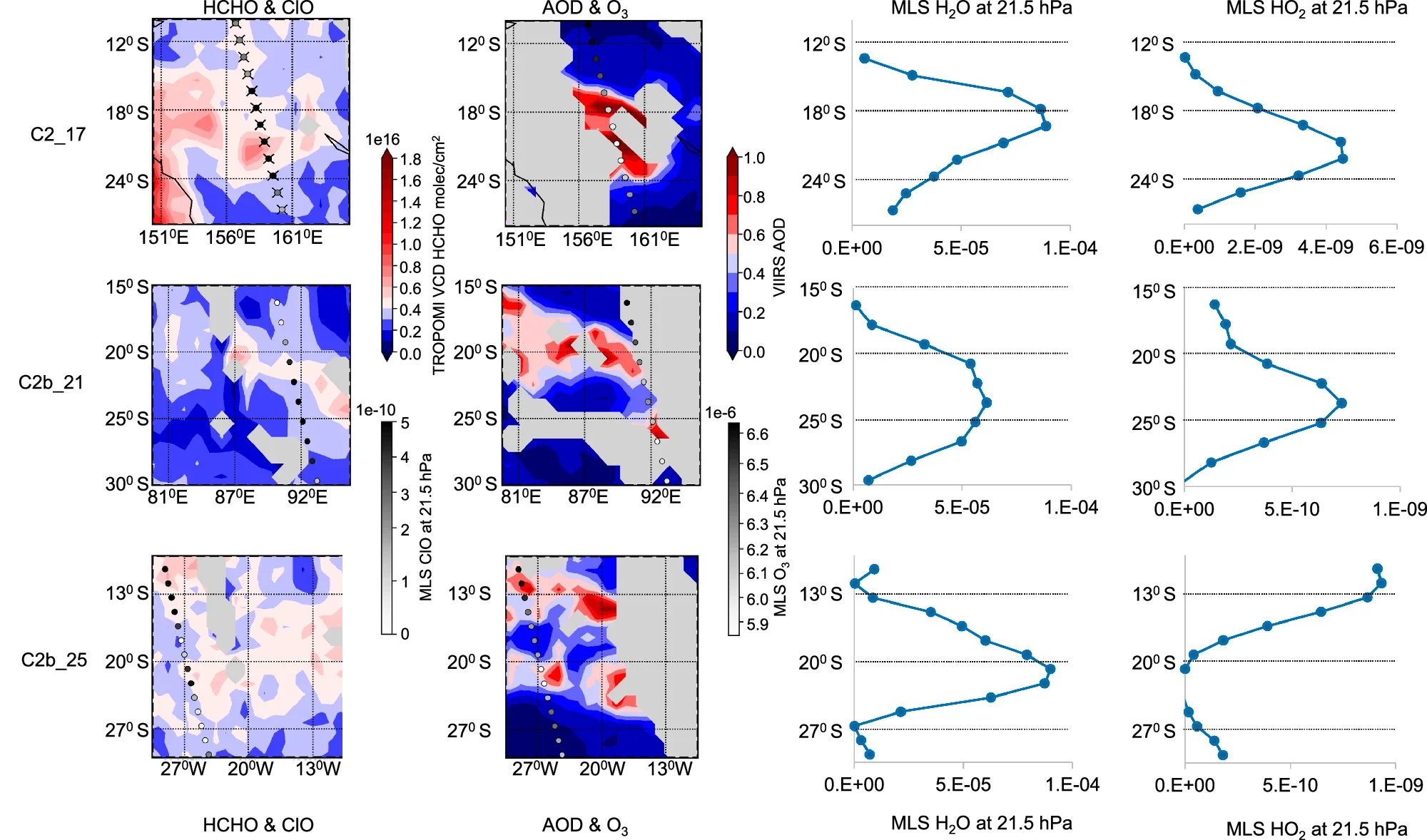 Comparison of several observed HCHO enhancements in vertical column density (VCD) with coincident simultaneous MLS v5 observations.