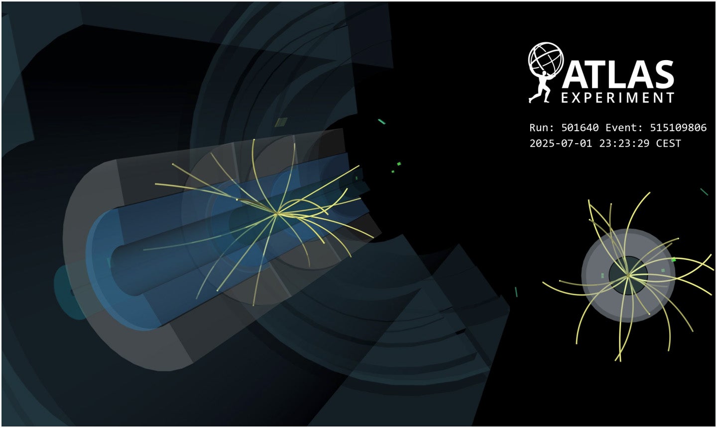 Photo taken by the ATLAS experiment of a collision between a proton and oxygen at the Large Hadron Collider, which recreates a cosmic rainstorm of particles—shown as yellow lines.