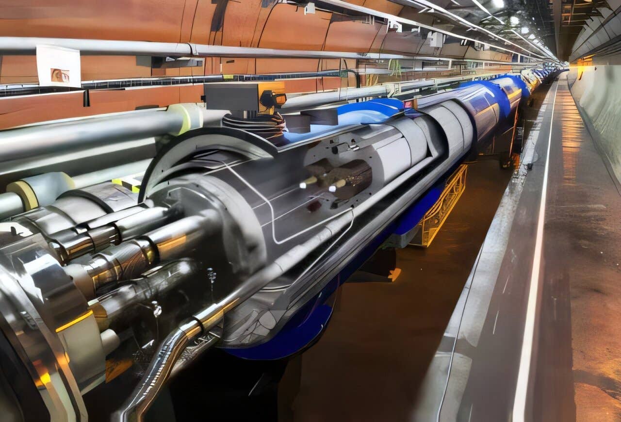 The Large Hadron Collider (LHC) accelerator in the tunnel at CERN. ATLAS finds strong evidence that Z bosons from Higgs decays remain quantum entangled at extreme LHC energies.