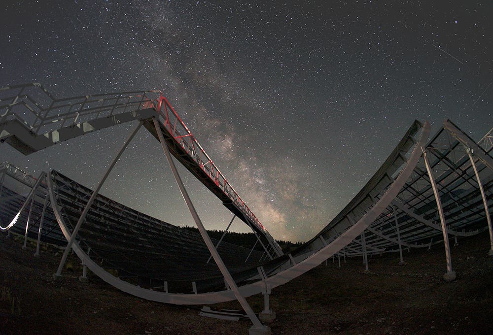 A view of CHIME at night, with the Milky Way in the background.