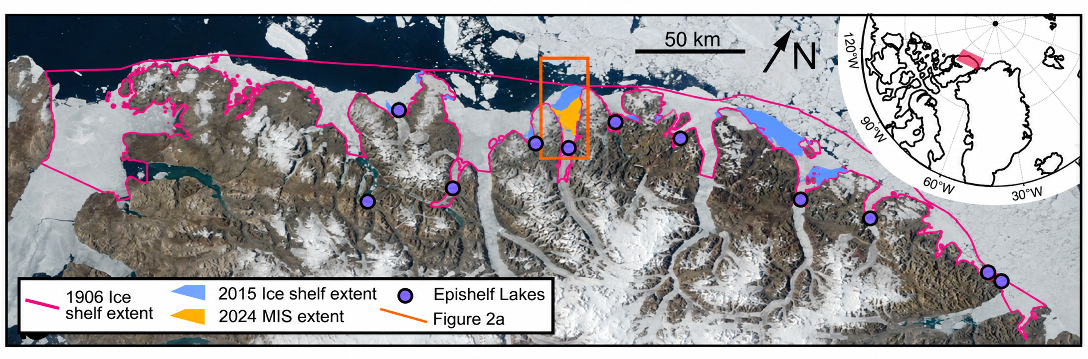 Northern Coast of Ellesmere Island on July 21, 2020. MODIS image retrieved from NASA Worldview showing the dramatic decrease in ice shelf extent since 1906 and the location of now vanished epishelf lakes. The top right inset shows the location of image. 