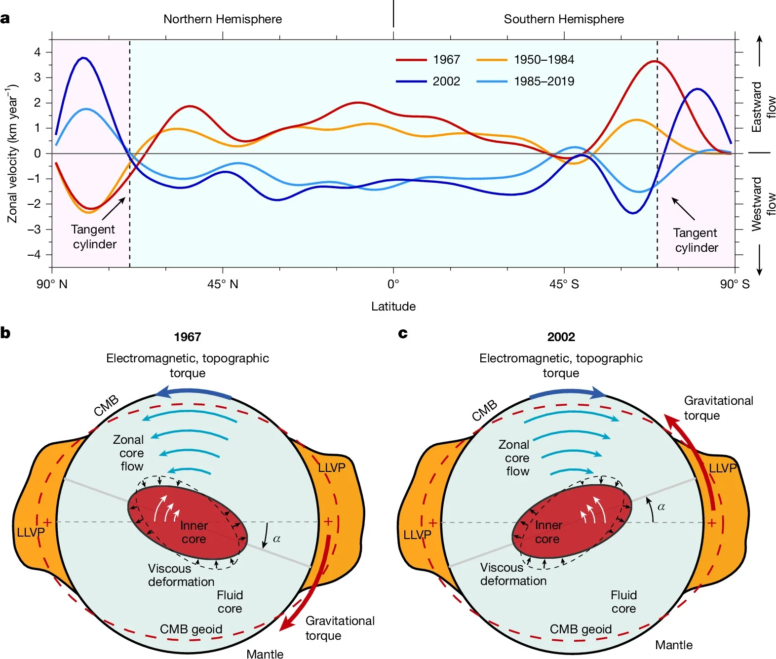 Multidecadal zonal core flows and torque on the mantle.