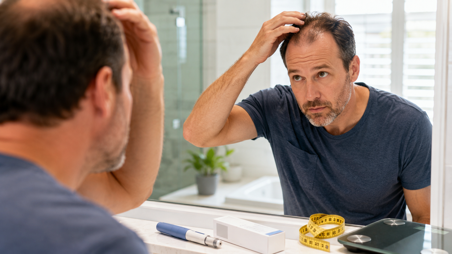 Genetic evidence links greater GLP-1 receptor activity to 7% higher odds of male-pattern hair loss in susceptible men.
