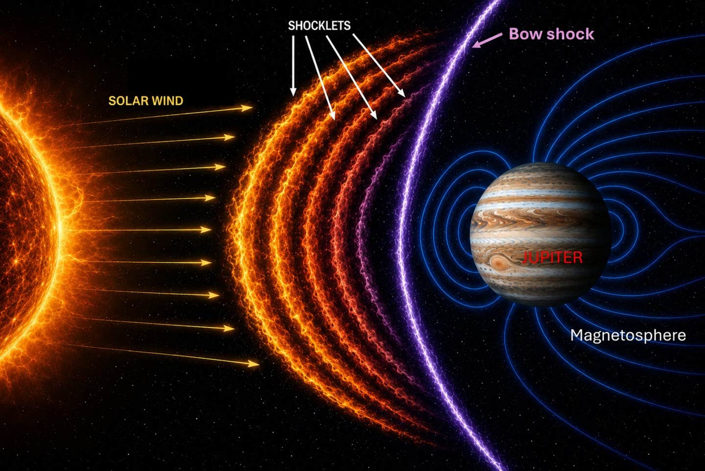 The illustration shows how Jupiter uses a series of regions called shocklets to interact with the solar wind and slow it before it reaches the planet’s main bow shock.