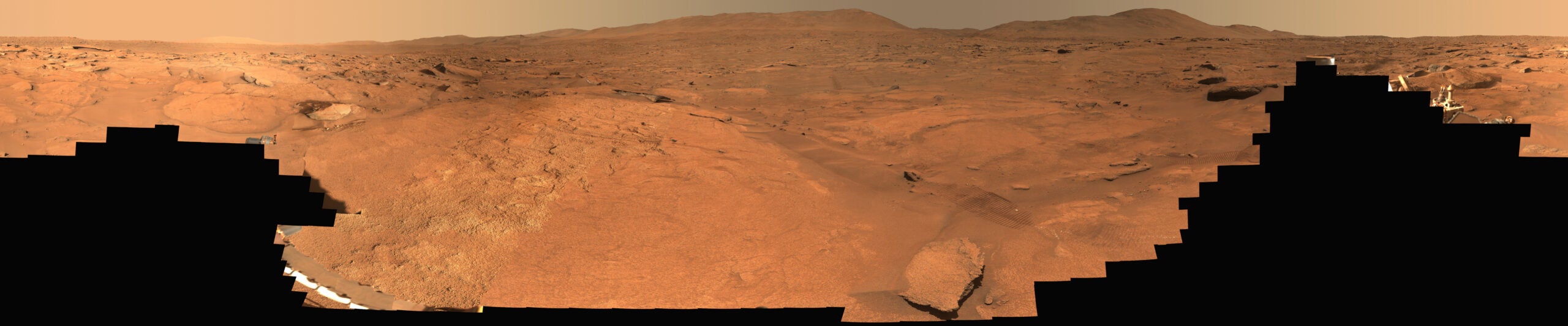 The Perseverance rover captured the data used in this panorama of the “Margin Unit,” a geologic area that hugs the inner edge of Jezero Crater’s rim, between Oct. 8 and Oct. 16, 2023. 