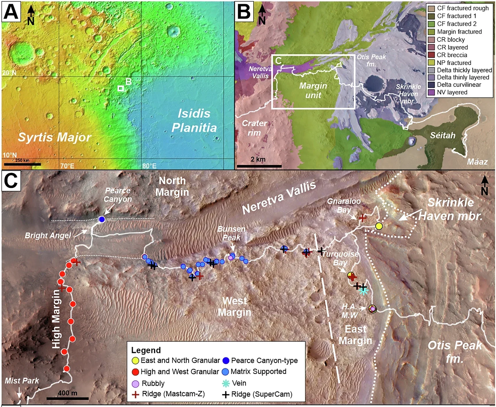 Regional and local context of the Margin unit and its associated bedrock textures and alteration features as defined in this manuscript and identified along the Perseverance rover traverse.