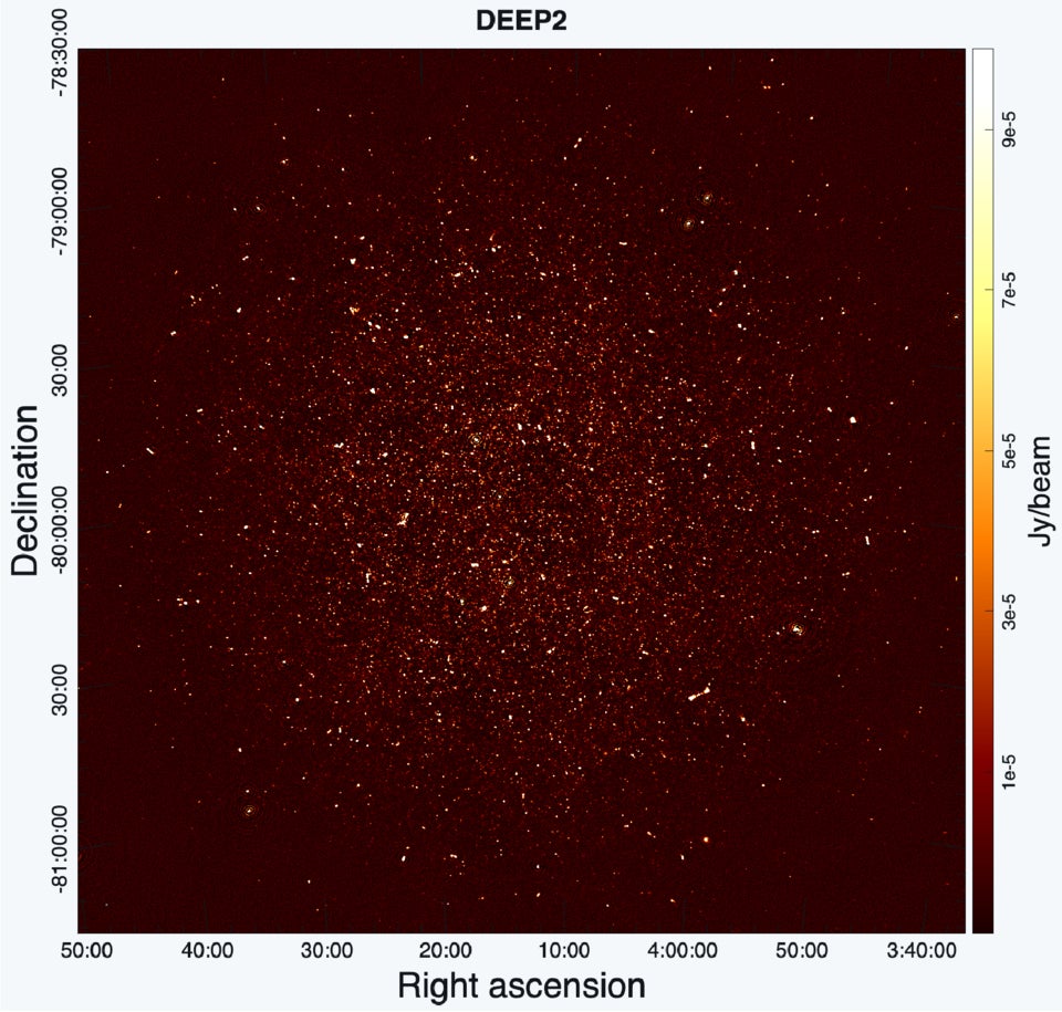MeerKAT view of the observed sky field. This radio image shows the patch of sky observed with MeerKAT as part of the study. The bright points are radio-emitting galaxies and other compact sources, whose emission is much stronger than the faint hydrogen signal the team set out to measure. 