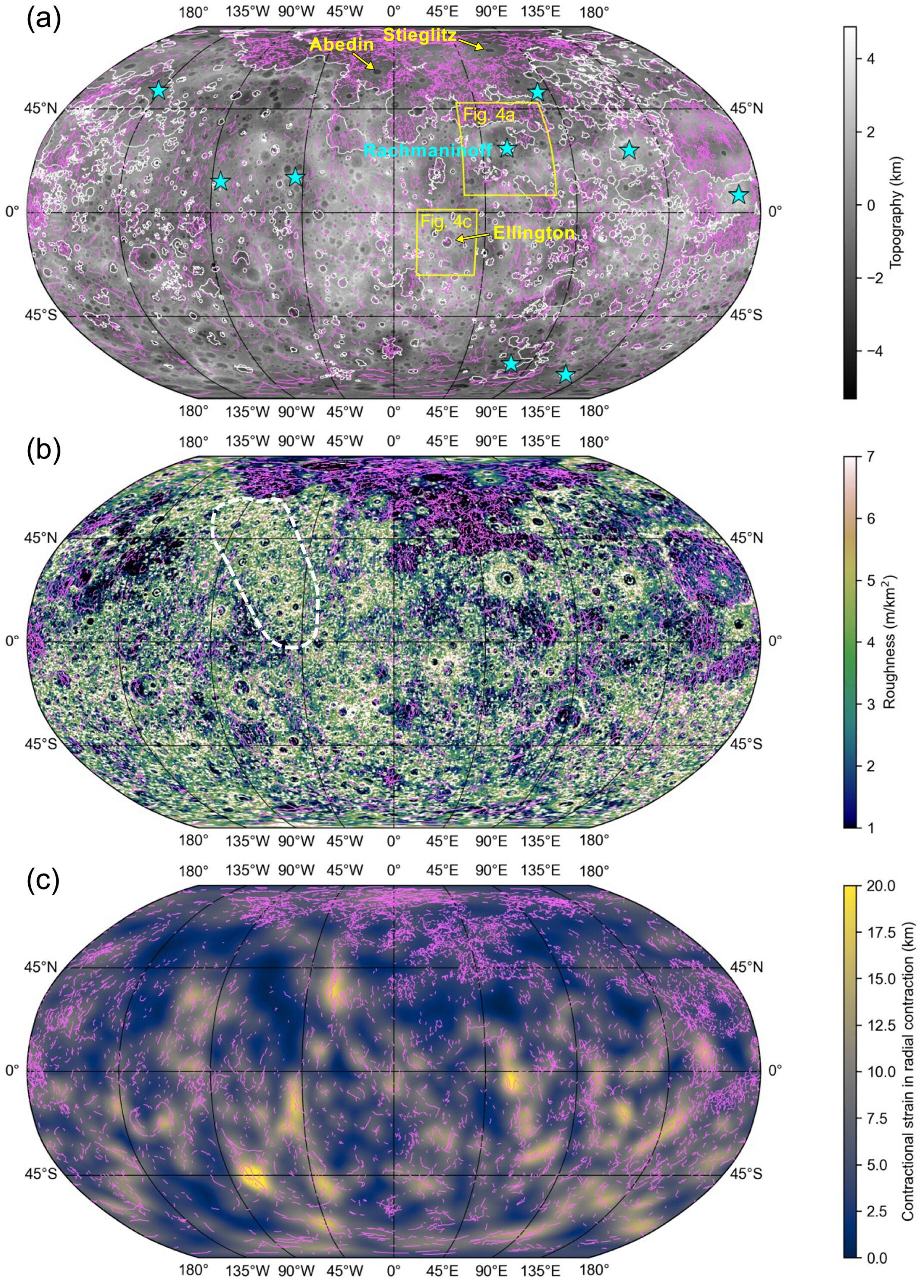 Global maps of the used data sets. (a) Digital terrain model elevation and geologic features. The white lines show the smooth plain boundaries. (b) Roughness map at the baseline of 10 km. (c) Compressional strain map expressed in the unit of radial contraction.
