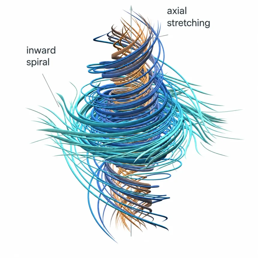 A snapshot of local incompressible motion. Orange marks faster angular rotation; teal marks slower rotation. Circulating speed also depends on radius. The trajectories show inward spiraling and axial stretching.