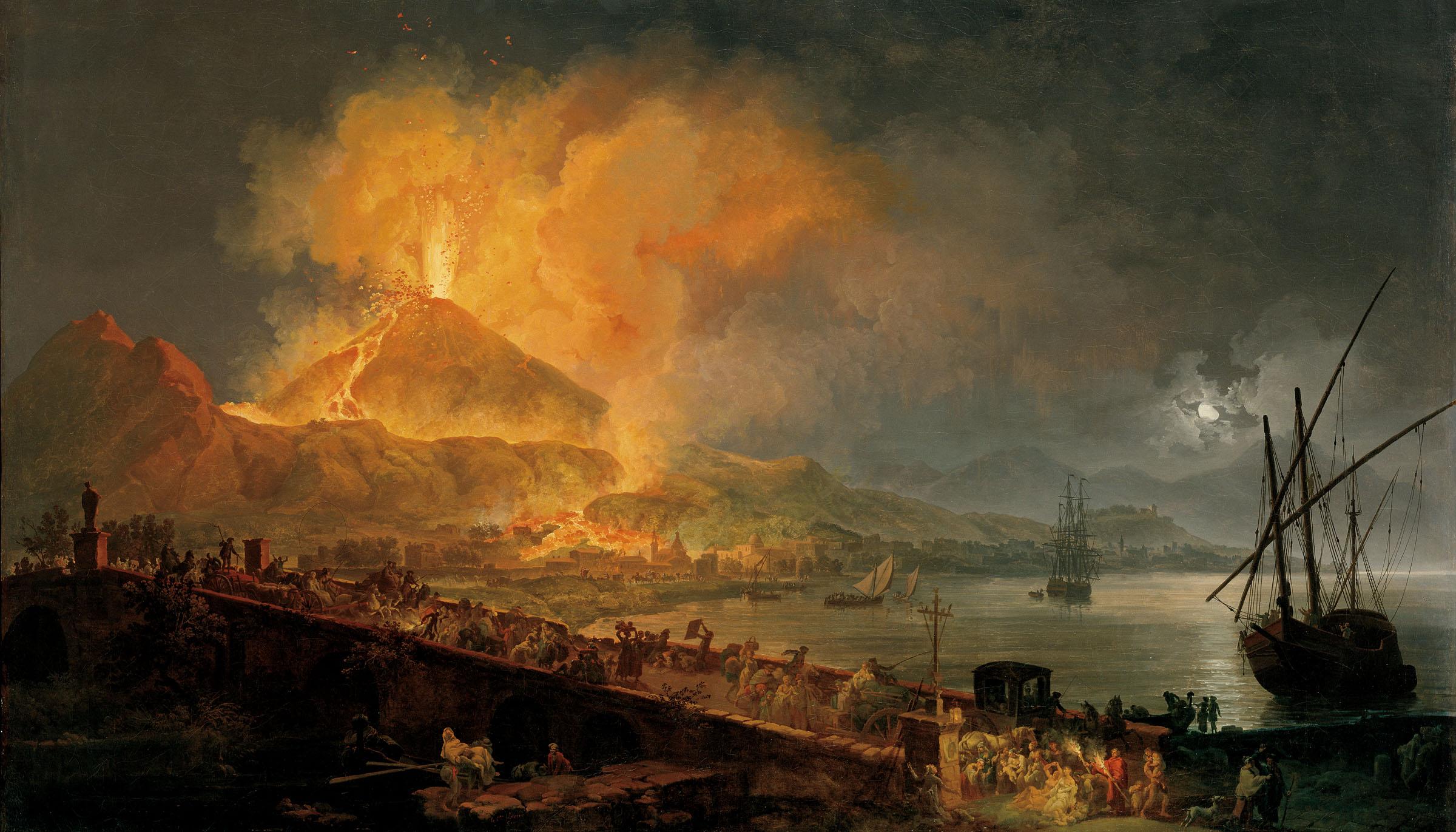 A depiction of the 1769 eruption of Mt. Vesuvius by Pierre-Jacques Volaire, a French painter who made a career in Italy as a souvenir artist.