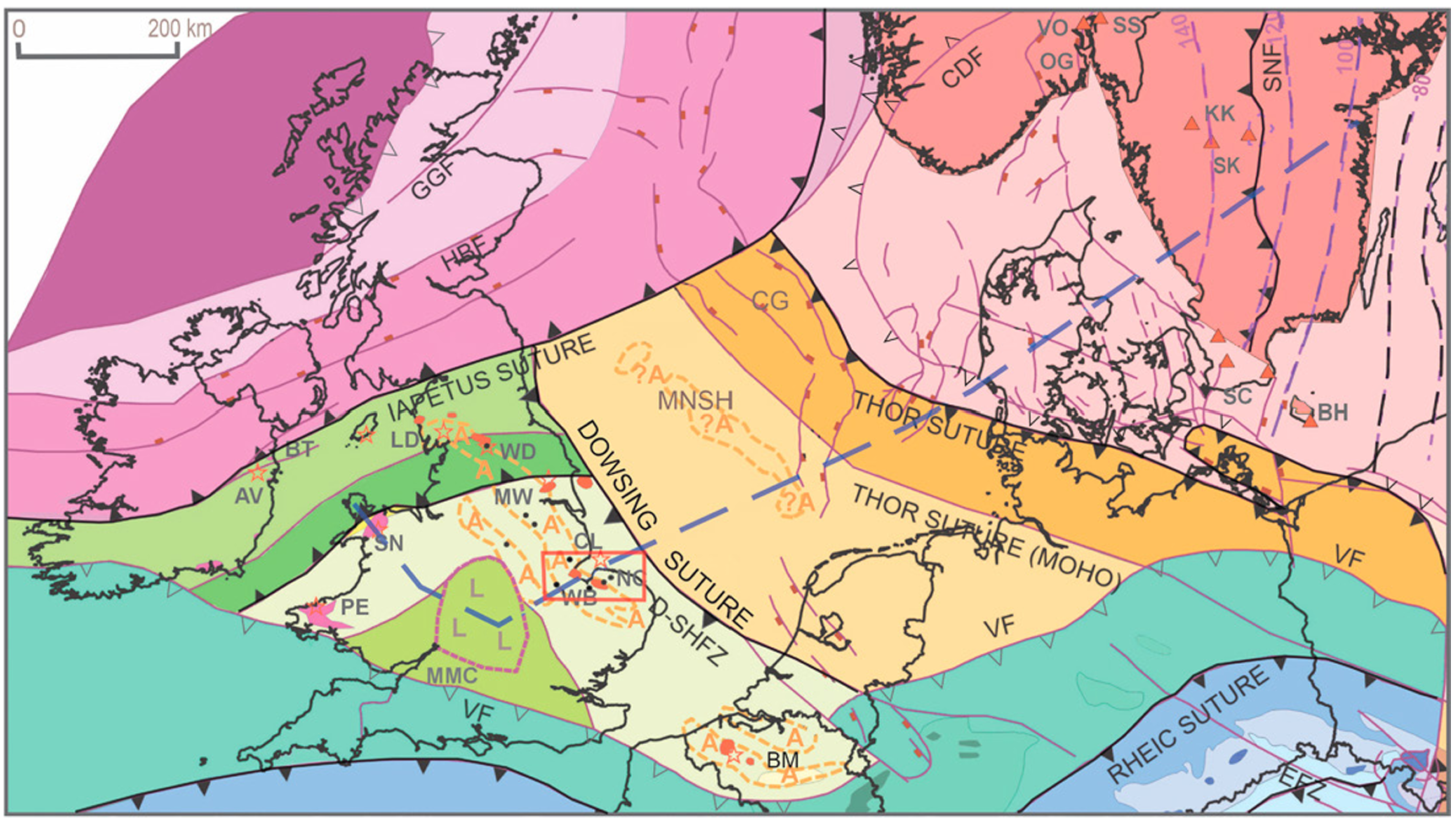 Map of Caledonian basement structure in NW Europe (after Pharaoh, 1999).