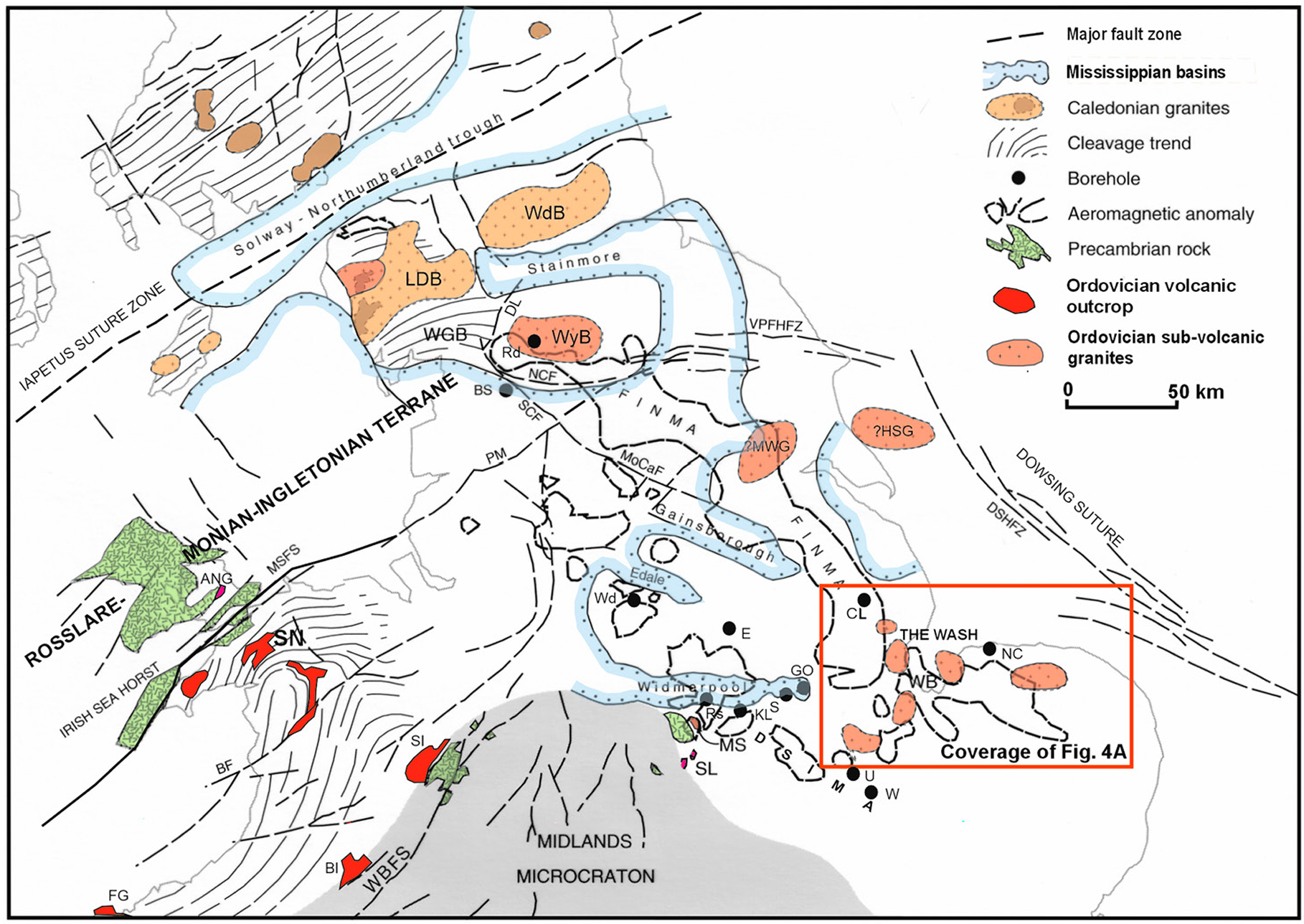 Map of Mid- to Late Ordovician basement structure and magmatic centers in southern Britain, modified from Pharaoh et al. (1997).