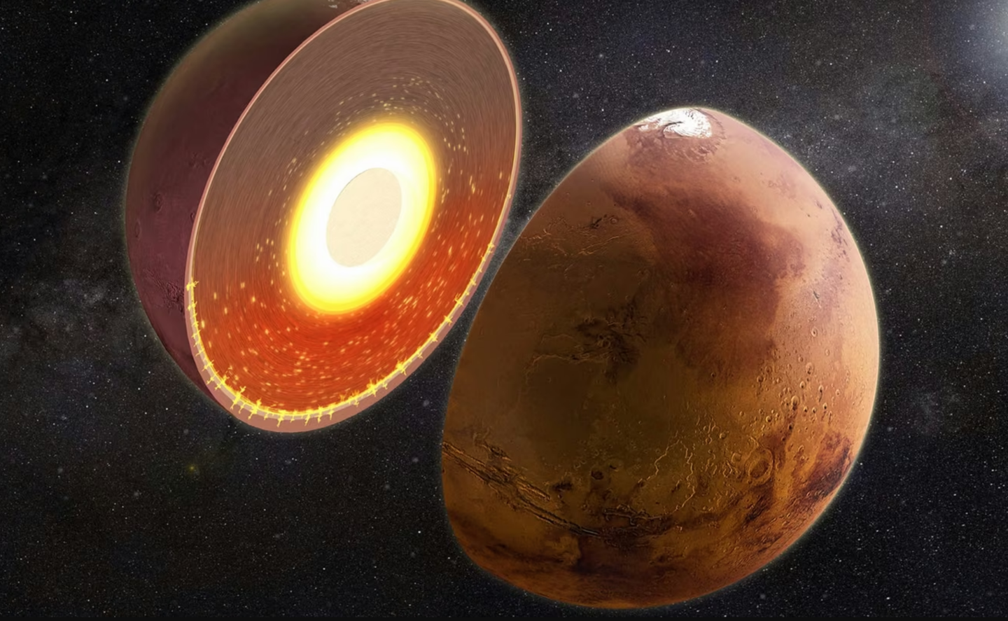 Artist concept of Mars's warm southern interior. Mars’s southern mantle may be 200 to 400°C hotter than the north, revealing a deep divide beneath the planet’s surface.