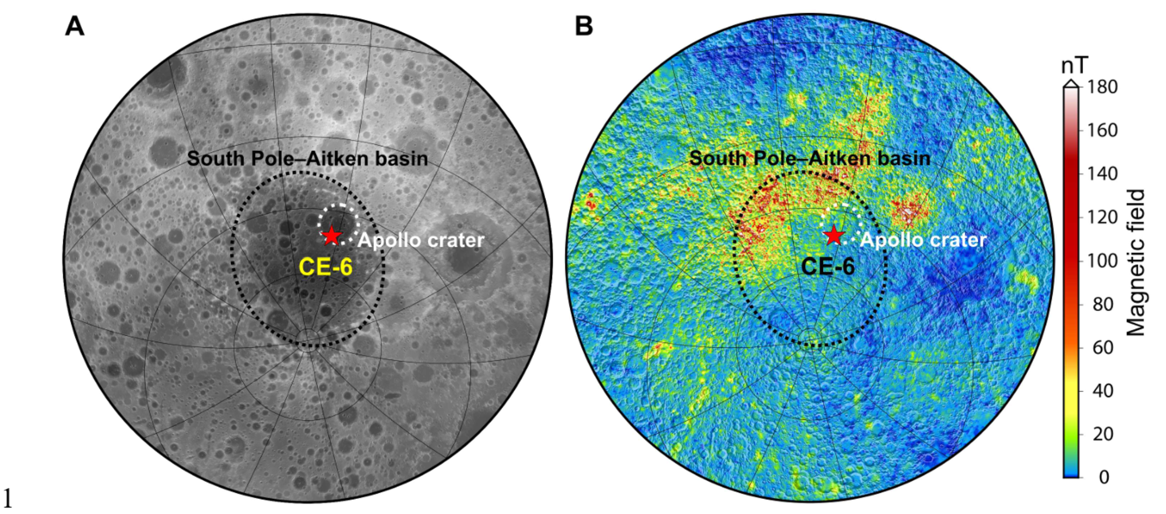 Regional lunar topography and magnetic anomalies. (A) Hemispheric topographic map centred on the SPA Basin. (B) Magnetic anomaly field across the same region (12). Stereographic projection is adopted.