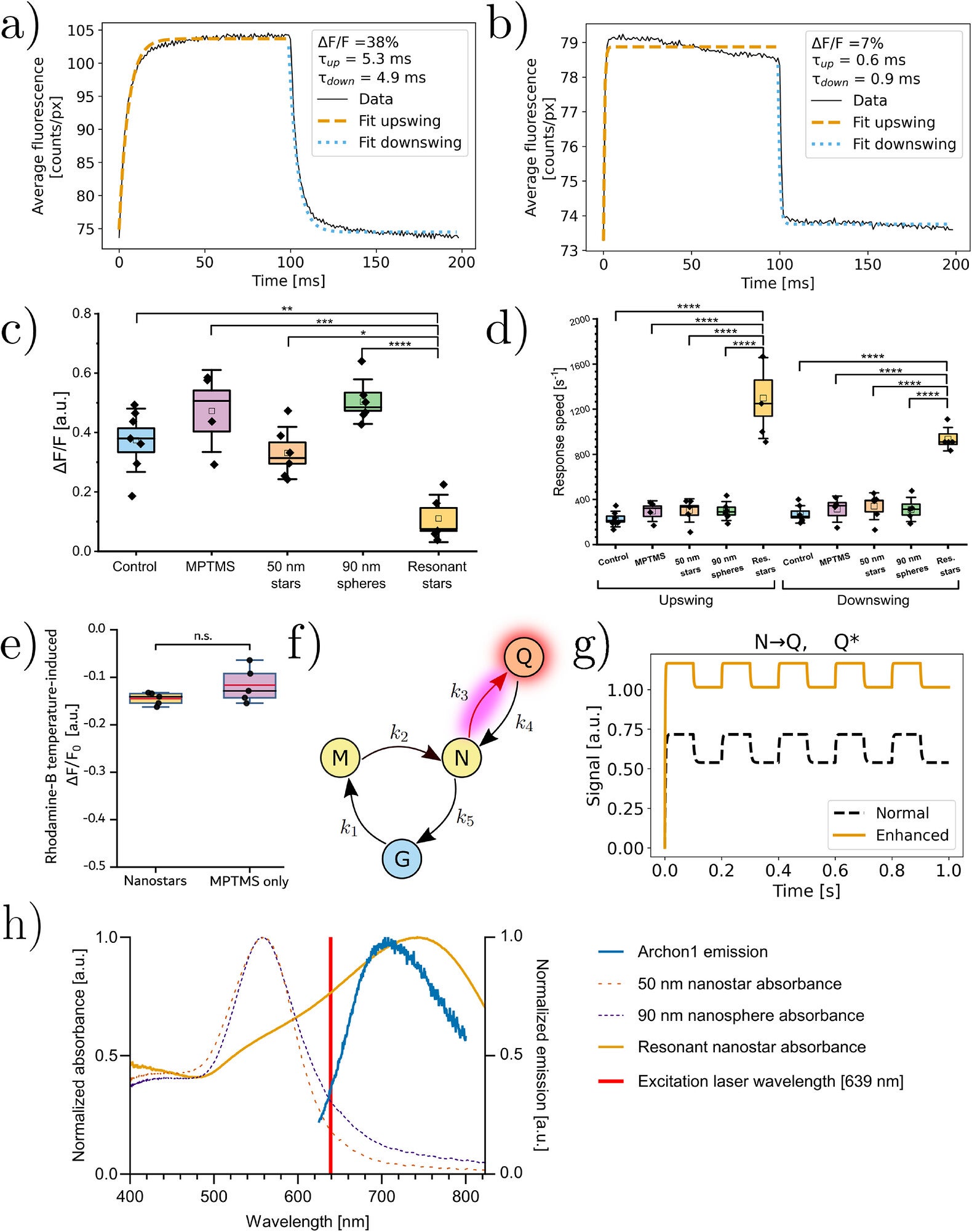 Plasmonic enhancement by gold nanostars manipulates the photocycle of QuasAr6a and modifies its response to voltage.