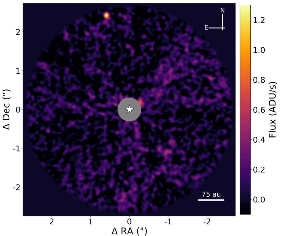 Annular ADI-PCA image of PDS 70 in the Mₛ band. The background source is visible north of the star. We masked the inner 0″.3 region due to residual speckle noise.
