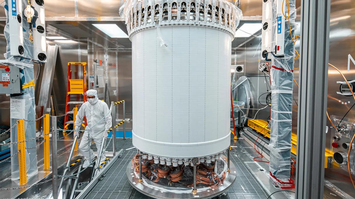 The LUX-ZEPLIN main detector, pictured here in a surface lab before installation underground at Sanford Lab, saw a surprising event in its search for dark matter.