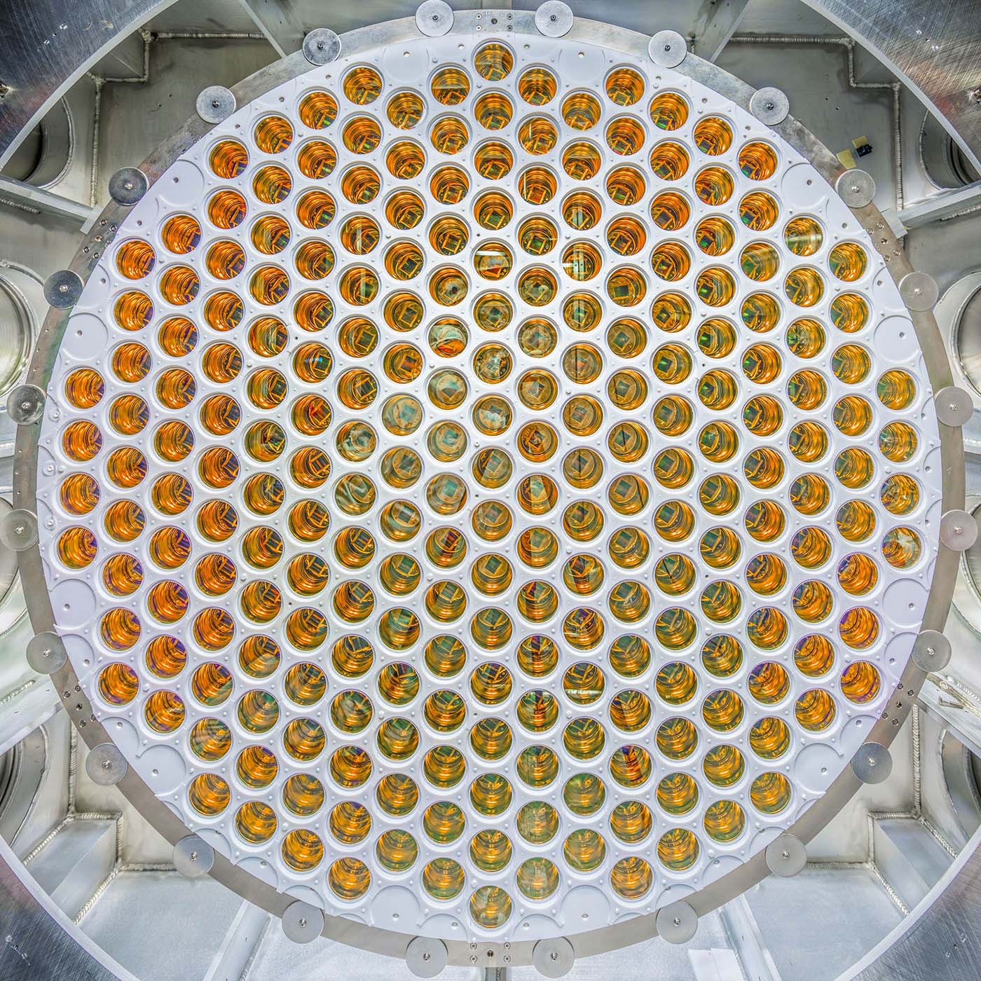 An array of light sensors, built at Brown, is designed to capture the tiny flash of light created when a dark matter particle interacts with xenon atoms inside the LZ detector.