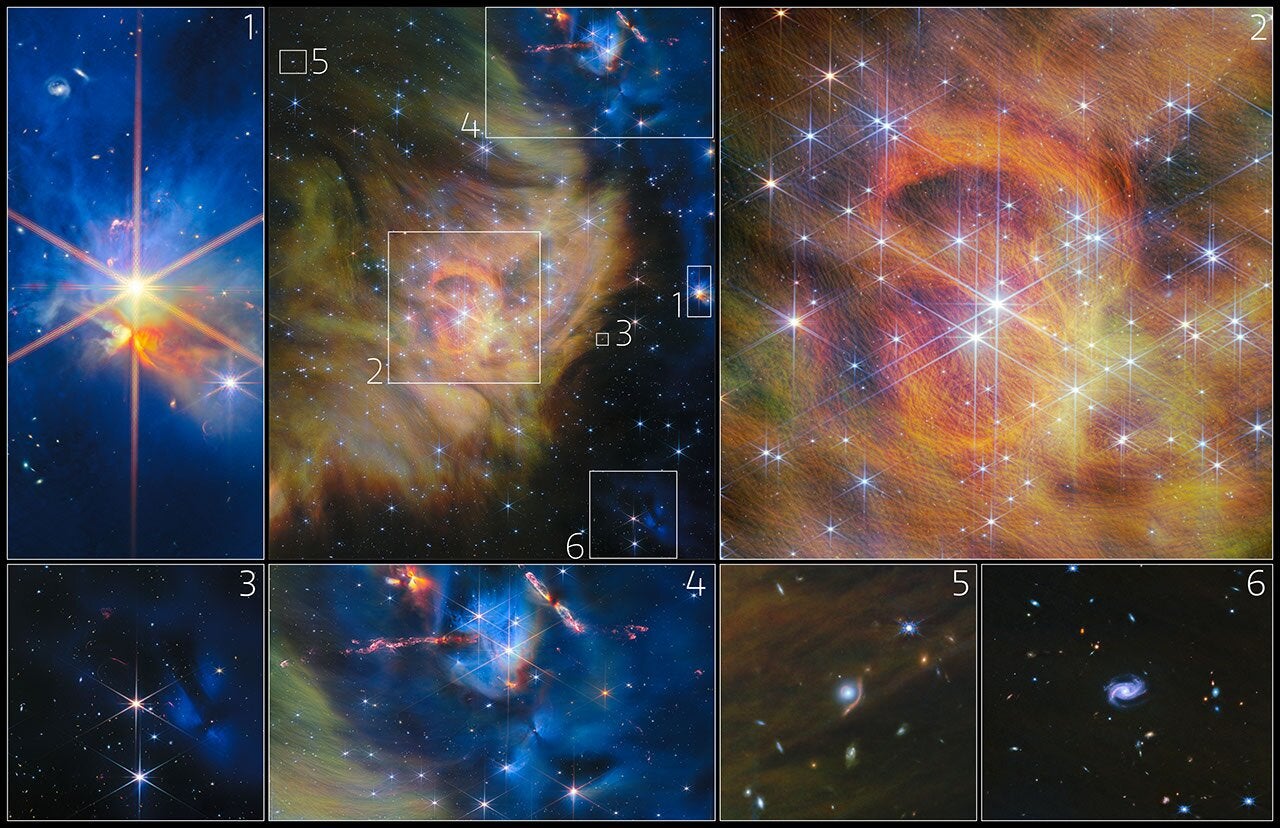 This collage features a collection of insets from NASA's James Webb Space Telescope's image of star-forming region IC 348: embedded stars, a central star cluster, faint outflows, Herbig-Haro objects, gravitational lensing, and spiral galaxies. 