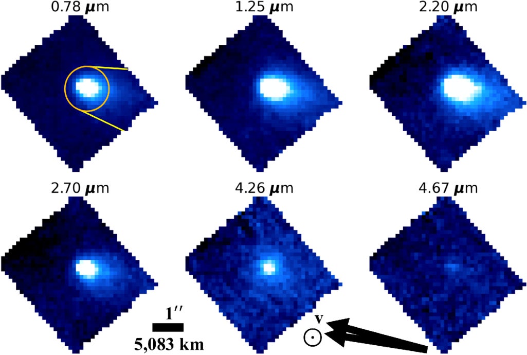 Wavelength-integrated image panels of 450P extracted from the JWST NIRSpec IFU datacube at different bandpasses (the effective wavelength is listed directly above each panel).