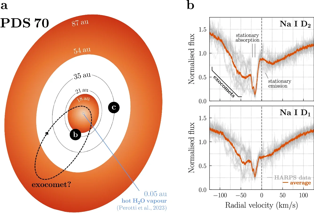 Schematic of the PDS 70 system and variability in the sodium lines of PDS 70.
