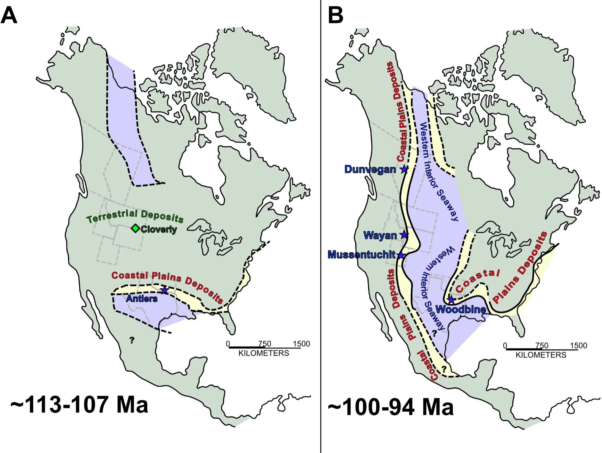 (A) a cartoon paleogeographic reconstruction of the early Albian showing the locations of collection localities which includes early Albian deposits of the Cloverly Formation in Wyoming/Montana, USA as well as the Antlers Formation in Oklahoma/Texas, USA; (B) the cartoon paleogeographic map of the late Albian to early Cenomanian deposits of the Woodbine Formation in Texas, USA, the Wayan Formation of Idaho, USA, the Dunvegan Formation of British Columbia/Alberta, CA, and the Mussentuchit Member of the Cedar Mountain Formation of Utah, USA.