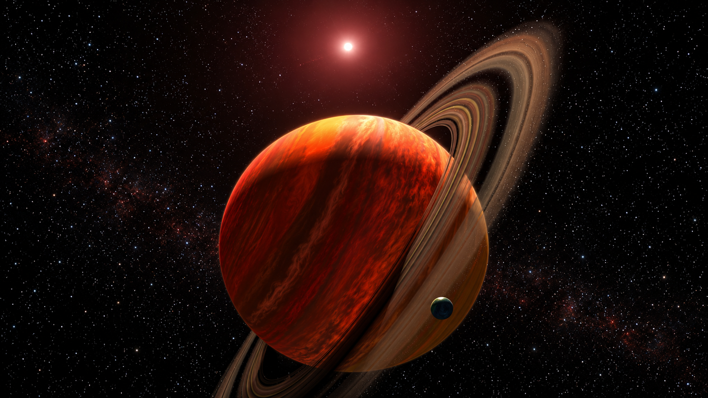 An artist's concept of a gas giant planet orbiting a red dwarf.
