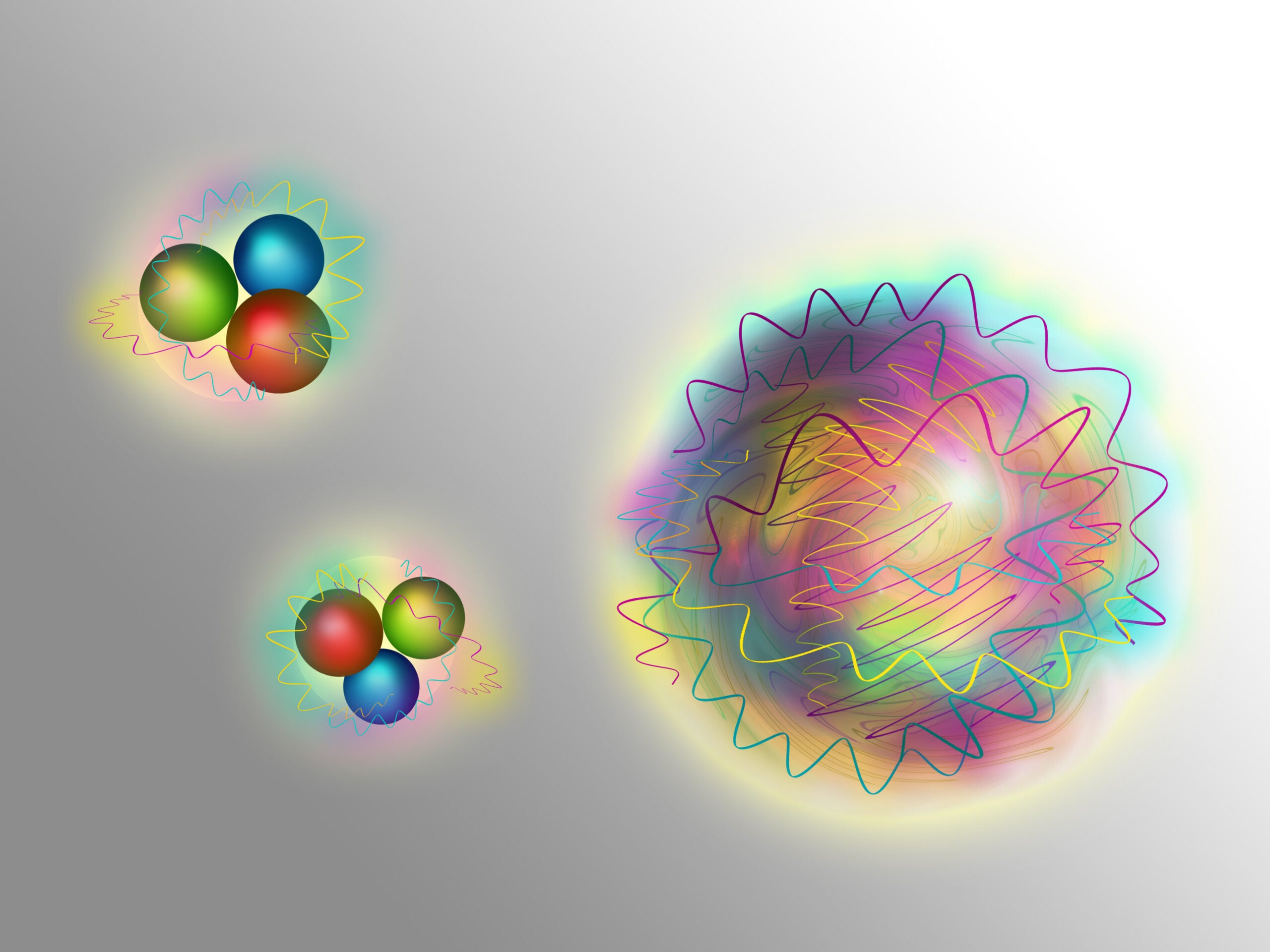 Nucleons consist (left) of quarks (matter particles) and gluons (force particles). A glueball (right) is made up purely of gluons.