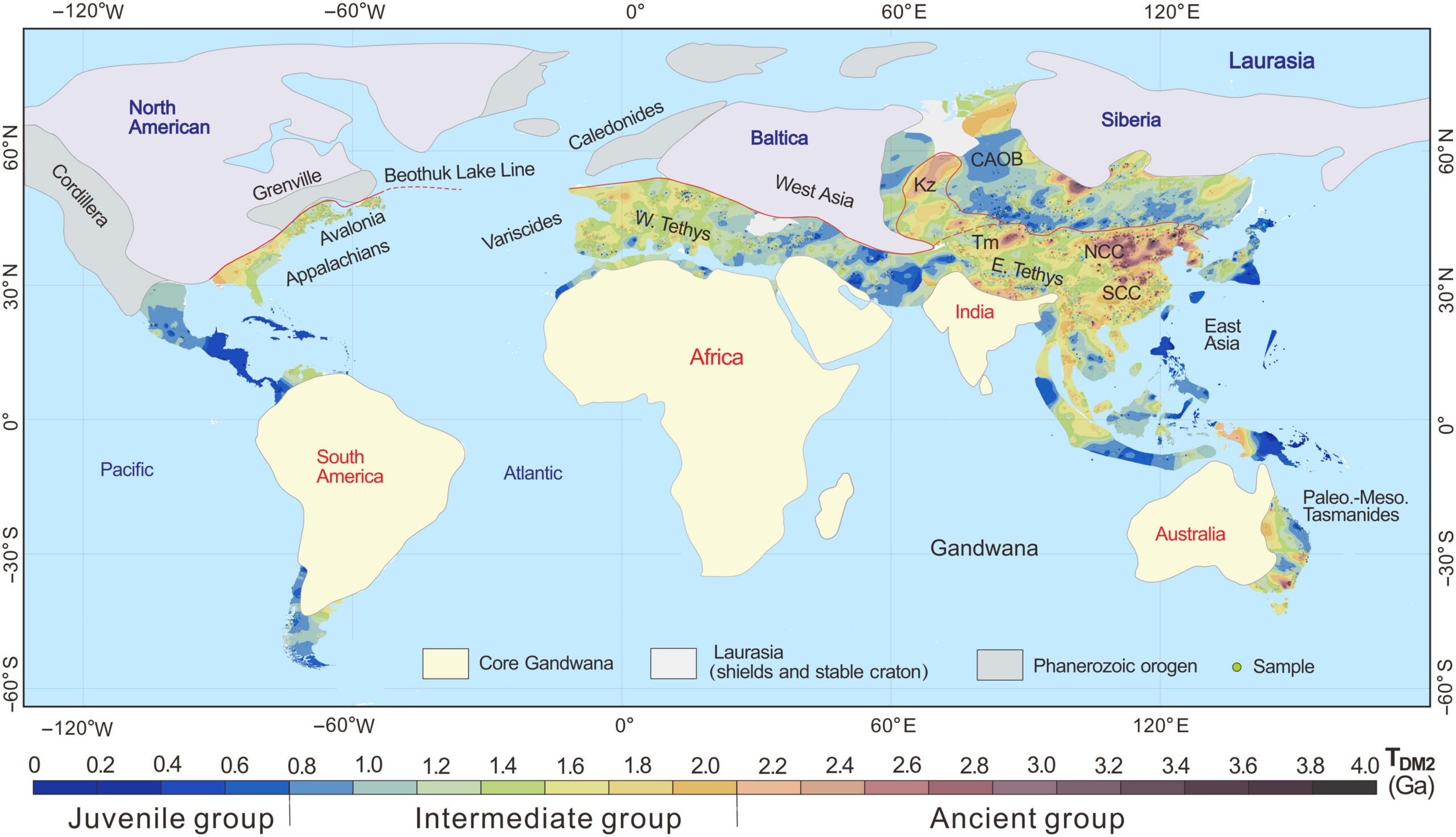 Continental-scale Nd isotopic (TDM2) map of southwestern Asia, central Europe, and southeastern North America (encompassing peri-Gondwana terranes and orogens).